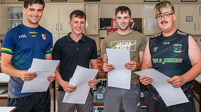 Mount St. Michael School students Jerry McCArthy; Seán Cuinnea; Adam Baker and Vincent Daly seemed happy with their results. Picture: Andy Gibson.