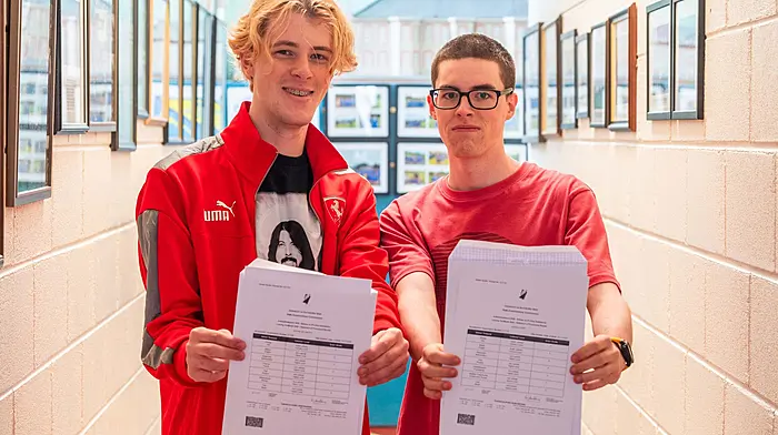 Mount St. Michael School students Wayne McCarthy and Jason O'Shea with their results. Picture: Andy Gibson.
