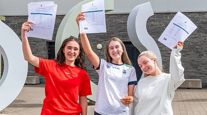 Skibbereen Community School students Saoirse Leonard; Sarah Keating and Emily Dulea were ecstatic with their Leaving Cert results. Picture: Andy Gibson.