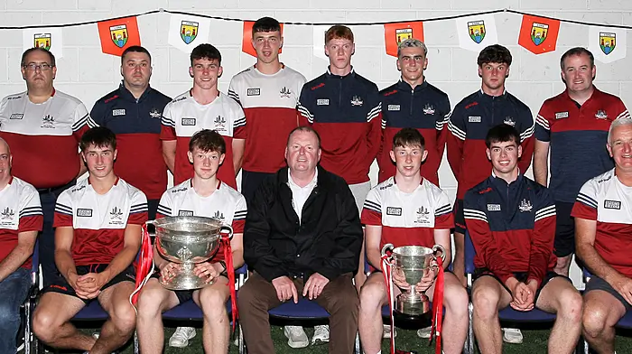 Members of the All-Ireland winning Cork minor football team  who attended the Cork minors presentation night in Rossmore. Seated, from left, Vincent Cronin management team (Bride Rovers); Kevin O'Donovan (O'Donovan Rossa); Conor Garvey (St Finbarrs); Keith Ricken, team manager (St Vincent's); Fionn O'Donovan (Clonakilty); Rory Twohig (Kilmeen); John Finn O'Callaghan, management team (Uibh Laoire). Back, from left, John Hourihane, management team (Eire Óg); John Noonan, management team (Ballincollig); Riain McCormack, (Midleton); Kieran Archer, (Russell Rovers); Eanna Lynch, (Ballincollig); Joe Miskella, (Ballincollig); Tom Whooley, (Clonakilty), and Maurice Moore, management team (Carbery Rangers). (Photo: Paddy Feen)
