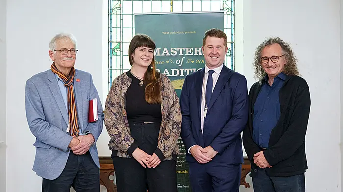CEO of West Cork Music Francis Humphrys with festival co-ordinator Meg O’Connell, Cllr George Gill and the festival artistic director Martin Hayes at the opening of the 24th edition of Masters of Tradition.   (Photo: Karlis Dzjamko)