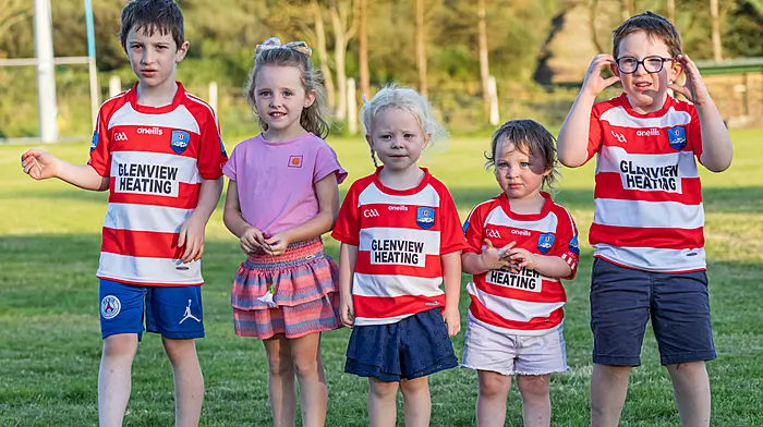 The O’Sullivan cousins supporting Adrigole. Shay Phil O’Sullivan, Meabh Phil O’Sullivan, Croia Phil O’Sullivan, Isla Phil O’Sullivan, and Darragh Phil O’Sullivan.   (Photo: Anne Marie Cronin)