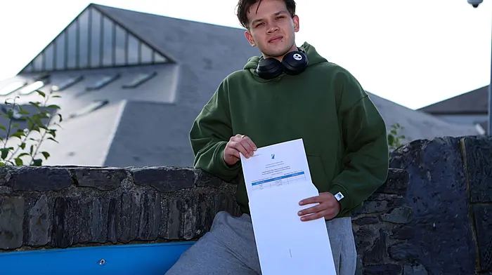 Edward O'Sullivan collecting his Leaving Certificate results at Schull Community College. (Photo: Carlos Benlayo)