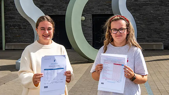 Pictured with their Leaving Cert results are Skibbereen Community School students Niamh O'Driscoll and Shauna McCarthy.    (Photo: Andy Gibson)