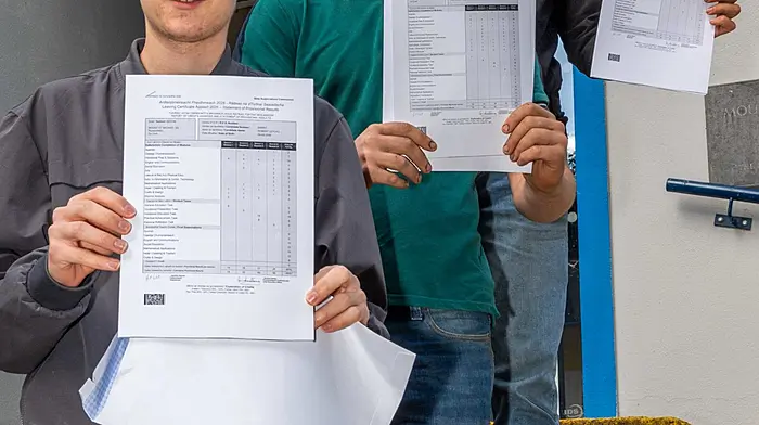 Mount Saint Michael students Robert Szylko, Gavin Collins and Alex Coughlan with their Leaving Cert results.  (Photo: Andy Gibson)