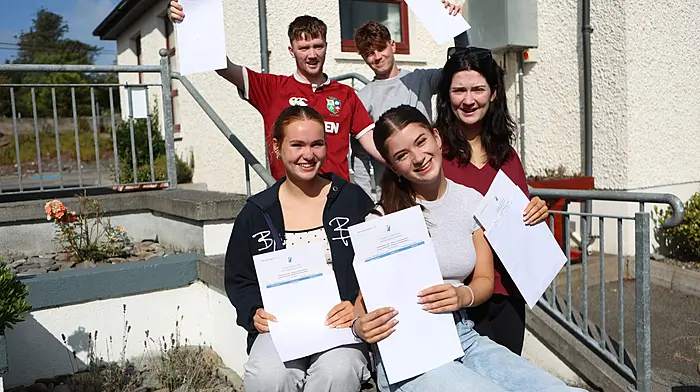 Conor Lawson, Charlie Lannin, Clara Murphy, Caoimbhe McLoughlin-Walsh and Ella Camier celebrate receiving their Leaving Certificate results at Schull Community College.  (Photo: Carlos Benlayo)