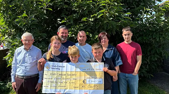 Kevin Crowley who ran the London Marathon in April would like to acknowledge and thank people for their generosity and sponsorship in helping raise funds for the Irish Cancer Society which he ran in memory of his mother Mary who passed last October. Kevin is seen here with members of his immediate family and the cheque for €11,325.