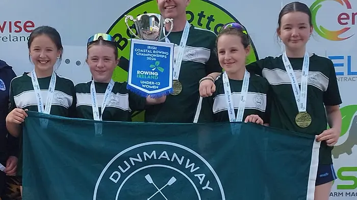 Lauren Hegarty, Ellie O’Regan, Tully Coll (cox), Grace Jagoe and Aoibhínn Coll representing Dunmanway Rowing Club at the Irish Championships.