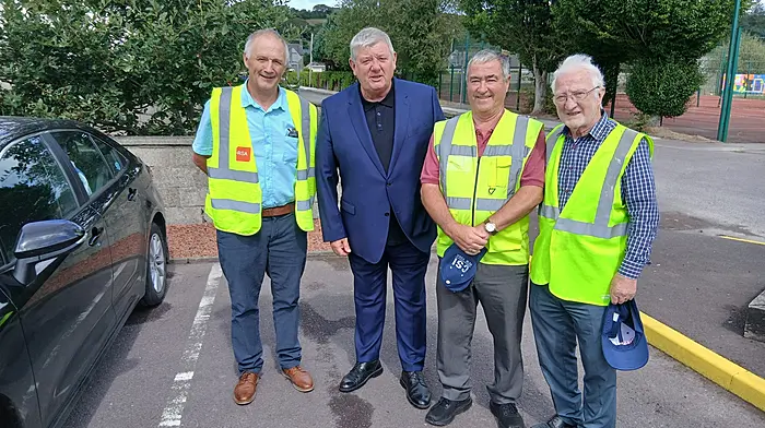 Members of BEDA greeting radio and TV presenter John Creedon before the heritage event at Ballineen Enniskeane last week. From left: Tadg Sheehan (chairperson, BEDA), John Creedon, Jerry Flahavin, Kieran O'Driscoll (president, BEDA)