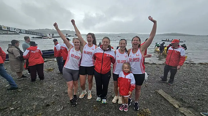 Enjoying the action in Bantry was the Kilmacsimon Quay  intermediate crew that won gold; from left, Rachel Tyner, Orlagh Ryan, Michelle Lynch and Norma Lordan.