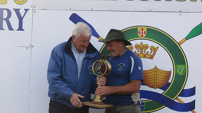 Myross Rowing Club's Bill Deasy was presented with an award to mark his dedication, commitment and hard work to coastal rowing by Victor Bridges of the ICRF.