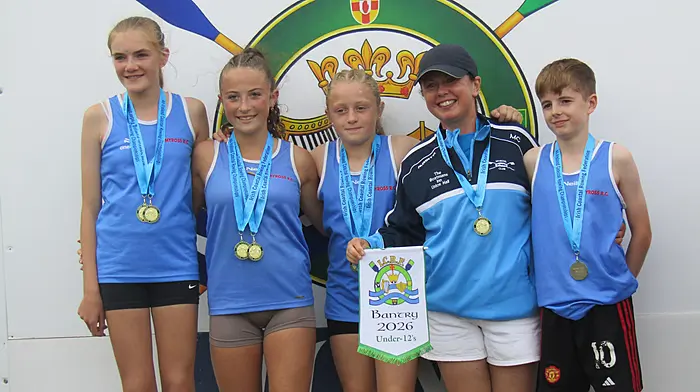Myross U12 All-Ireland champions; from left, Katie Browne, Ruby Cahalane, Ella O'Donovan, cox Carmel Connolly, and Joshua Limerick.
