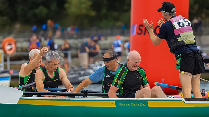 The veteran men of Kilmacabea Rowing Club celebrate their win. (Photo: Valerie O’Sullivan)