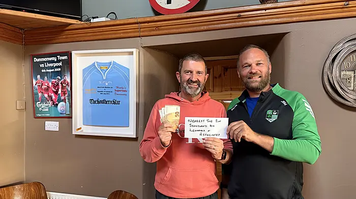 Nearest-the-pin at the Dunmanway Soccer Club’s golf classic was Kevin Crowley.  His prize was presented by JB Malane, club chairman.