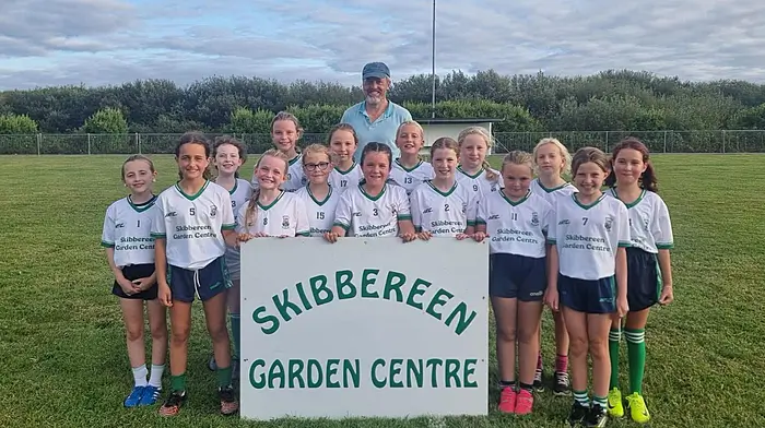 Ilen Rovers expressed thanks to Mark and Orla Lee of Skibbereen Garden Centre for their very generous sponsorship of a new set of jerseys for the U10 girls team. The girls were delighted to showcase them last Friday evening at their game against Bantry in Church Cross. Back: Holly O'Sullivan, Sophie O'Sullivan, Sarah Swanton, Ailish Baker, Anna O'Neill, Roisin Cottrell and Leah Sadiković. Front: Muireann Daly, Maggie Nyhan, Sadie Kiely, Sofia Lee, Myah Musgrave, Ciara Duggan and Laura O'Mahony.