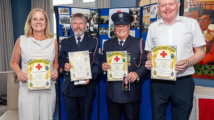 Five volunteers from Kinsale were recently awarded Long Service Medals for their selfless dedication to support the local community. Four of the recipients are (from left) Margaret Buckley, Denis Twomey, Robert Cast and James O’Mahony.  Rose O’Riordan unfortunately could not attend the event and is missing from the photo.