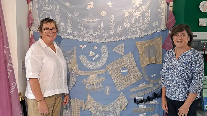 Councillor Marie O’Sullivan and Kinsale Tourist Office manager Angela Shanahan admiring the wonderful exhibition of Irish Lace in the Tourist Office all this week.