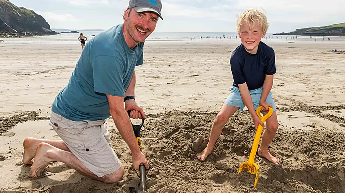 Rosscarbery, West Cork, Ireland. 12th Aug, 2026. Rosscarbery Family Festival held a sandcastle & Sculpture Competition on the Warren Beach today, with well over 100 teams and individuals entered into the competition. Pictured making a start to their sculpture of a shark are David & Joachim Whitford from Reenascreena. Picture: Andy Gibson.