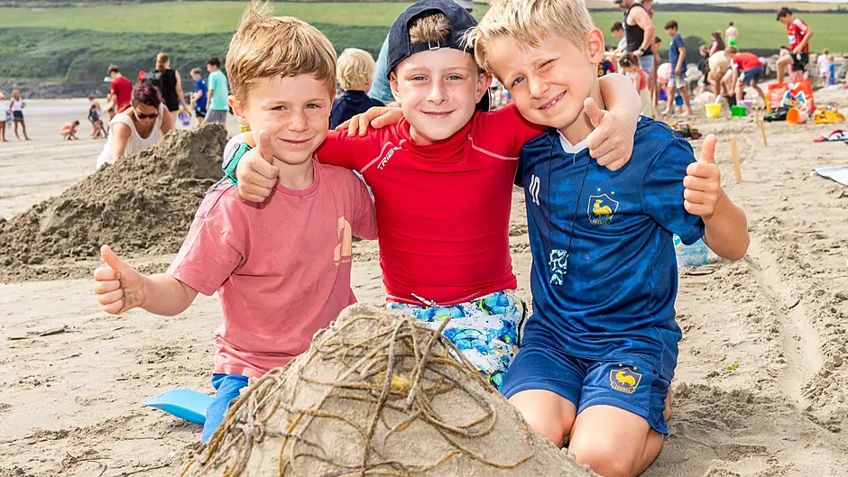 Rosscarbery Family Festival held a sandcastle & Sculpture Competition on the Warren Beach today, with well over 100 teams and individuals entered into the competition. Pictured with their sculpture of Mount Etna erupting are Owen Petit; Ted Culhane and Kylian Petit from Rosscarbery. Picture: Andy Gibson.