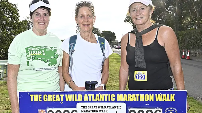 Taking part in the Courtmacsherry RNLI Great Wild Atlantic Marathon Walks on Sunday last were (left to right): Caít O'Sullivan and Marjorie Connolly from Clonakilty and Úna Scannell, Rossmore. Photo: Martin Walsh.