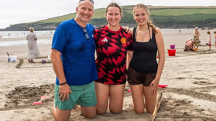 Rosscarbery Family Festival held a sandcastle and sculpture competition on the Warren Beach where over 100 teams and individuals entered the competition. Taking a break from the competition were Robbie Ward, Jess Ward and Sophie Browne, all Owenahincha. (Photo: Andy Gibson)