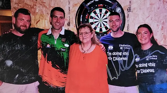At the recent fundraiser, Darts for Diabetes Ireland, is Shane Nugent, special guest ‘The Magpie’ William O’Connor, and main organisers Mary Nugent, Alan Murphy and Róisín Ní Shúilleabháin.