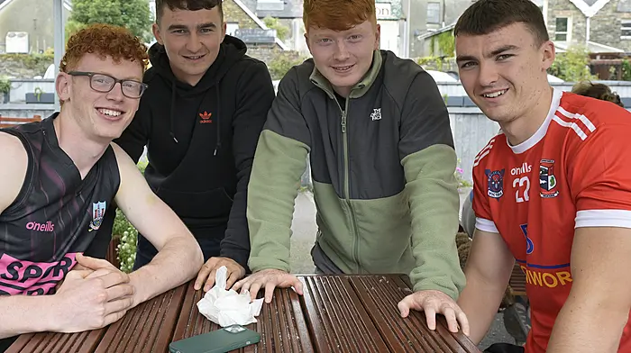 Barryroe GAA players (left to right): Luke Murphy, Olan O'Donovan, Adam McSweeney and Riley O'Donovan in the Parklet, Kent Street, Clonakilty. Photo: martin Walsh.