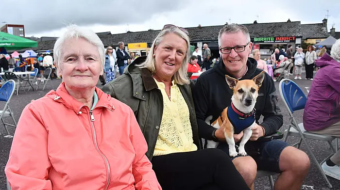 Siobhan, Deirdre and James O'Mahony with Mo Salah the terrier at the Savour the Flavour Food Festival in Skibbereen last Sunday afternoon. Photo; Anne Minihane.
