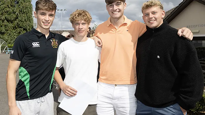 Oliver Williams, Theo Beltoise, Alex Hunter and Zack Piper celebrating their Leaving Cert results at Bandon Grammar.   (Photo: Donie Hurley)