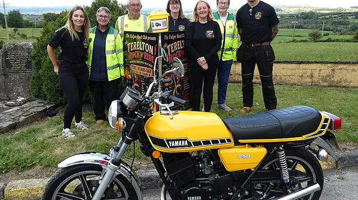 Ann Wilson, Kate Crowley (West Cork Rapid Response, WCRR), Seamus O'Leary, Noreen Collins, Angela McCarthy, Betty Hennessy (WCRR) and Colin O'Callaghan with his Yamaha 250 at the Fudgee Road Club’s Rock n Ride show held at Terelton last Saturday. All proceeds of the event will be evenly divided between the local community and WCRR.