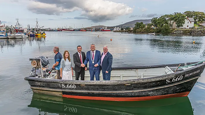 Arriving for the official opening of ‘Atlantic Eyes - The Irish Move’ at the Sarah Walker Gallery were Sarah Walker (gallery owner) with German ambassador David Gill, county mayor Bernard Moynihan, and deputy mayor Finbarr Harrington.   (Photo: Anne Marie Cronin)