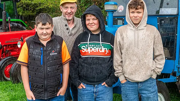 Cathal Buttimer, Vincent Harte,  Eoin Doolin and Matthew Harte, all from Rosscarbery, took part in the annual Rossmore tractor run last weekend despite the torrential rain. The run was held in aid of Cork Arc Cancer Support House Bantry and PosAbilities Autism Centre, Skibbereen.   (Photo: Andy Gibson)