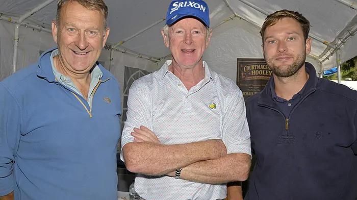 Kilbrittain trio (from left) Roy Lee, Denis Healy and Matthew Lee, who participated in the Barryroe GAA ground development golf classic at the Clonakilty Golf Club last Saturday. (Photo: Martin Walsh)