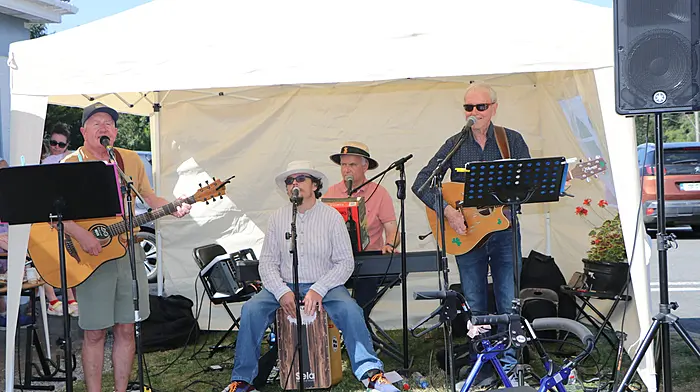 John Leonard, James Downing, Jerry  Mehigan and Paddy Downing of the band ‘No Direction’ provided the music at the summer party hosted by Friends of Bandon Day Care Centre and the friends and staff of the community hospital.