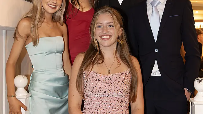 Aloaise O'Donovan, Dylan O'Driscoll, Niamh O'Reilly, Sam Logan and Suairní Burke at the Schull Debs.  (Photo: Donie Hurley)