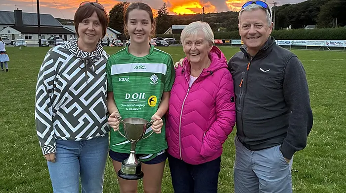 Mairead, Heather, Noreen and Peter McCarthy after the West Cork LGFA final.  Heather was named player of the match by referee Anthony McDermott.