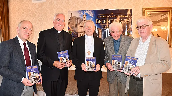 Bishop of Cork and Ross Fintan Gavin launched a new book to mark the bicentenary of St Patrick's Cathedral in Skibbereen. Included in the photo are Fr Kevin O'Regan (moderator, St Patrick's Cathedral), Con Hurley and Gerald O'Brien (co-editors of the book) and Michael Dwyer (chairman, Cathedral Bicenentennial Committee) at the West Cork Hotel in Skibbereen.   (Photo: Anne Minihane)