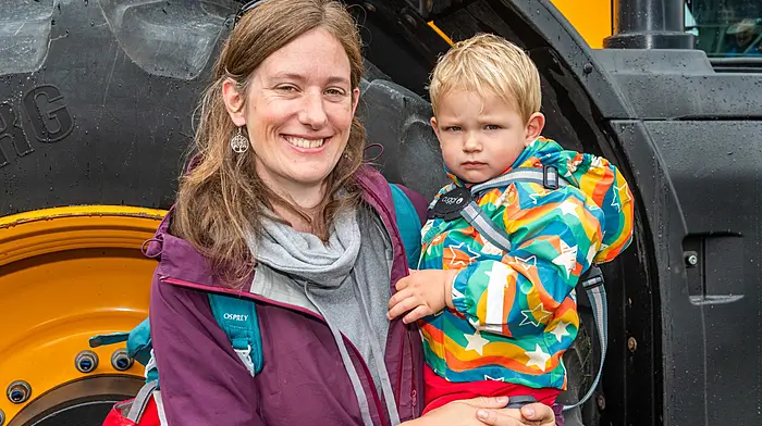 Rossmore, West Cork, Ireland. 30th Aug, 2026. The annual Rossmore Tractor Run took place today in mixed weather. The run was in aid of Cork Arc Cancer Support House Bantry and PosAbilities Autism Centre, Skibbereen. Taking in all the tractors at the run was Aidan Lovell with his mum Lucy from Rosscarbery. Picture: Andy Gibson.