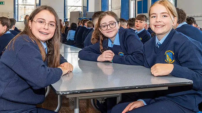 Rosscarbery, West Cork, Ireland. 28th Aug, 2026. Over 70 students experienced their first day at Mount St. Michael School, Rosscarbery today. New starters Suzanne Stankiwicz; Maggie O'Driscoll and Chloe Twomey. Picture: Andy Gibson.