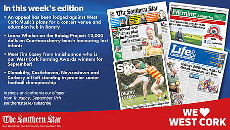 THE SOUTHERN STAR IS IN STORES NOW: Appeal lodged against West Cork Music's plans; September farming award winner; Clonakilty, Castlehaven, Newcestown and Carbery all left standing in premier senior football championship Image