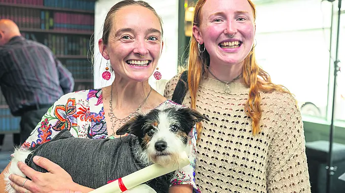 Olivia Fitzgerald and ‘Pimpi’ from Kinsale with Jo Sheridan from Armagh, Co. Cavan smiling after graduating from the Horticulture/Permiculture course in Kinsale Campus at their annual graduation ceremony in Actons Hotel.Picture. John Allen