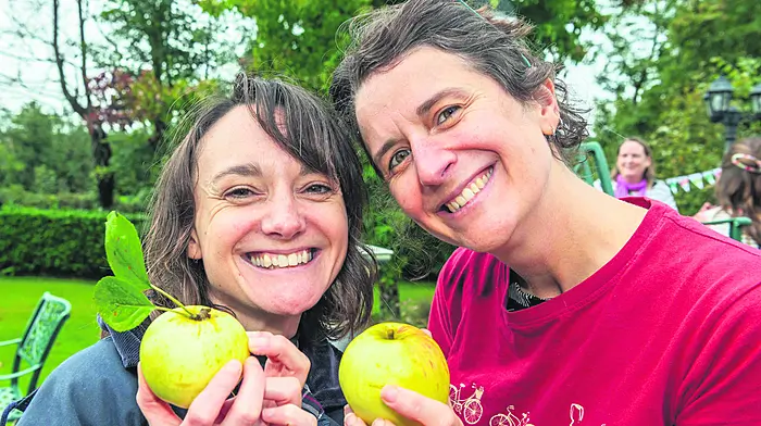 Clonakilty, West Cork, Ireland. 13th Sept, 2026. The Clon Apple Fest took place today at the Fernhill House Hotel, Clonakilty. Billed as a community event, people came from far and wide to turn apples into apple juice. Attending the Apple Fest were Isobel Towse, Rosscarbery and Allison Roberts, Clonakilty. Picture: Andy Gibson.