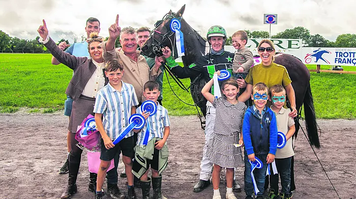 Richard Phelan Memorial Weekend. Lyre, West Cork, Ireland. 13th Sept, 2026. Harness Racing winners at the Richard Phelan Memorial Weekend at Lyre Raceway. Winner of race 8 was Sweet Royalty driven by Bernard Nicholson. Picture: Andy Gibson.