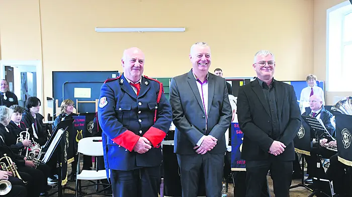 Pat O'Driscoll, St. Fachtna's Silver Band Skibbereen, Ger Condon, Clonakilty Brass Band and Leo Guendan, Bandon Concert Band at Abbeystrewry Hall in Skibbereen when the three local West Cork brass bands delighted their audience with a  wonderul recital last Saturday afternoon. Photo; Anne Minihane.