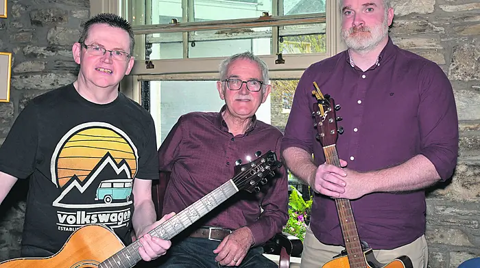 Entertainers Dominic Bennett, Dick Beamish and Cillian Brennan performed at the Courtmacsherry Songs & Stories by the Sea event last weekend. (Photo: Martin Walsh)