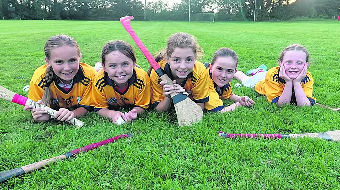 Emily Collins,  Evie Keane,  Linsey Ryan,  Saoirse Ward and Àine Lynch of St Patrick’s camogie club at the match against Erin’s Own last Friday.