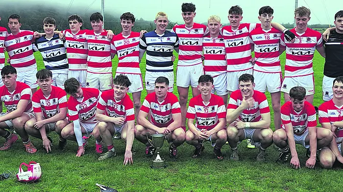 The Courcey Rovers West Cork D1 minor hurling champions following their win over Valley Rovers. Back: Brian Hayes (trainer), Liam Galvin, Joe Barry, Cathal White, Sean Collins, Sean Murphy, TJ Daly, Billy Twomey, Eoin Harrington, Fionán Smith, Ronan Moloney, Rian Fitzgerald, Ruaidhi Crowley, Darragh O Connell, Isaac Hegarty, Diarmuid Hayes and David Hayes (selector). Front: Tiarnán White, Lucas Harrington, Ethan Hickey, TJ Downing, Rob Egan, Darragh Winters, Donnacha Walsh, Eoin Maguire, Shane Galvin, Adam Desmond and Evan Daly.