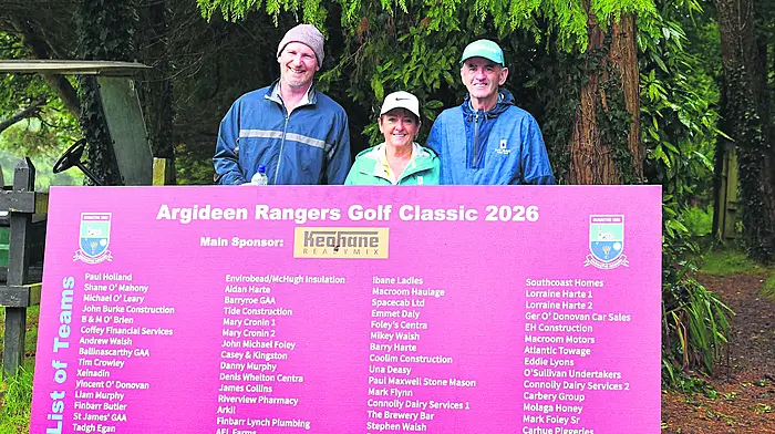 The Tide Construction team comprising Justin O'Donovan, Noreen Fleming, John Fleming were the winners of the Argideen Rangers GAA golf classic which was held at Clonakilty Golf Club, Lisselane last Saturday.