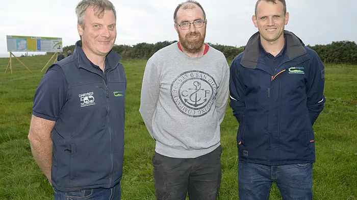 NEWS 3/9/20226 Pictured at the Dairy Beef 500 farm walk at the farm of James O'Sulivan, Moyross, Union Hall was Alan Dillon, Dairy Beef 500 program adviser Host farmer James O'Sullivan and Davis Hallissey, Teagasc Skibbereen. Picture Denis Boyle