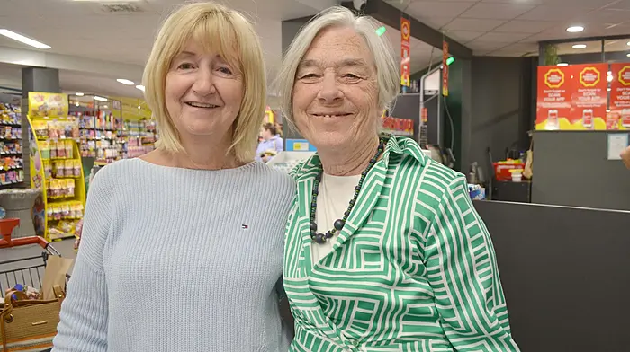Sheila Collins, Baltimore and Eleanor Uí Drisceoil, Cape Clear shopping in Skibbereen at the weekend. Photo; Anne Minihane.